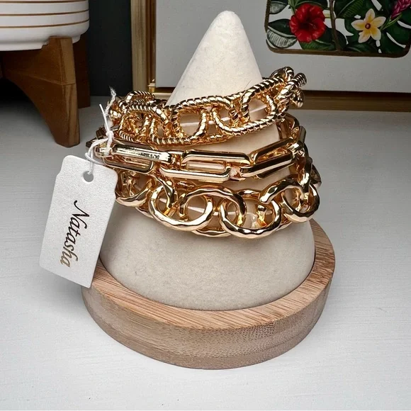 Natasha Chunky Gold Chain Bracelet Trio Stack Modern Bold Glam Fashion Forward - Picture 3 of 7
